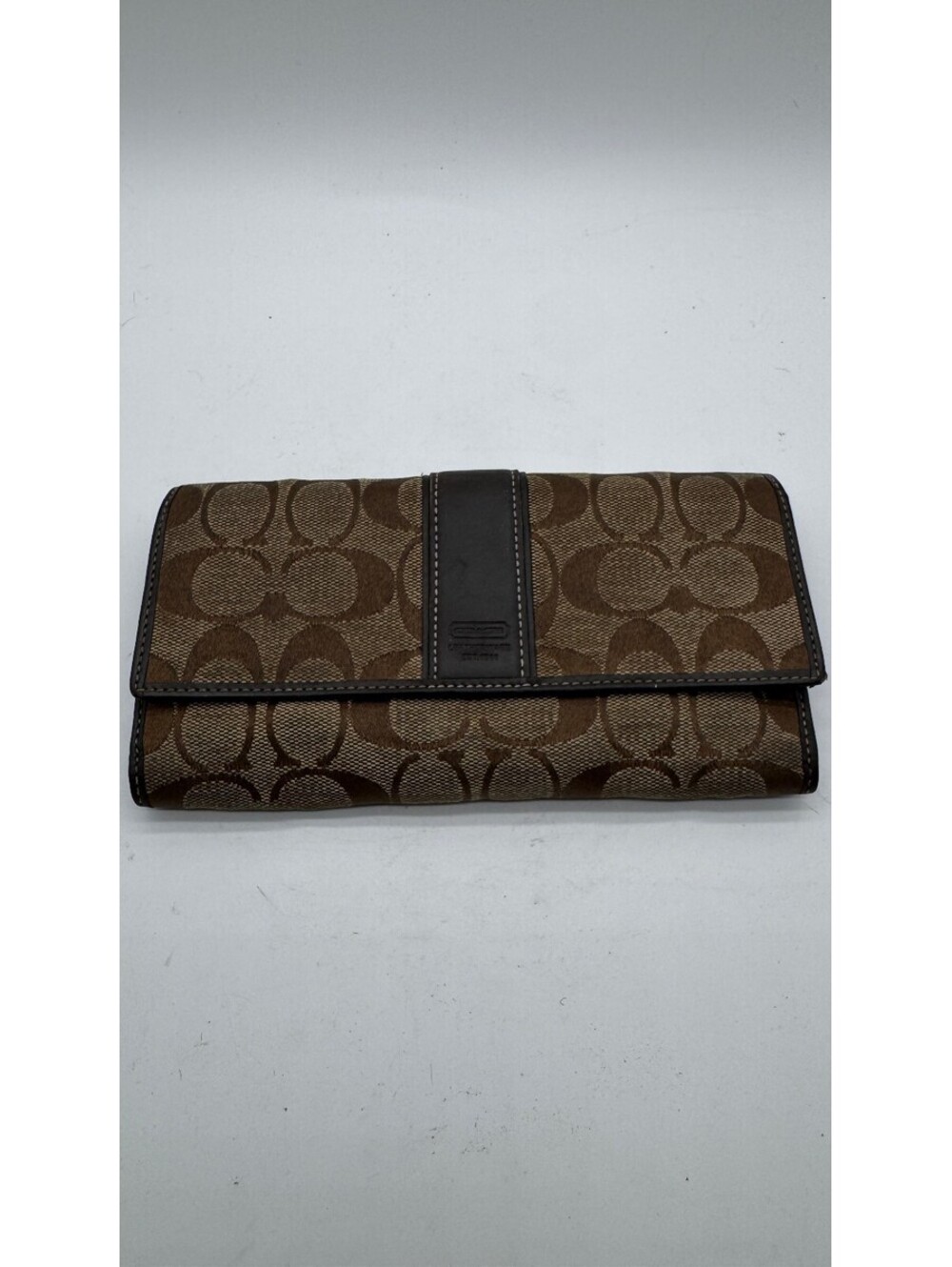 Coach Signature C Jacquard Brown Leather Long Trifold Checkbook Wallet Y2K
